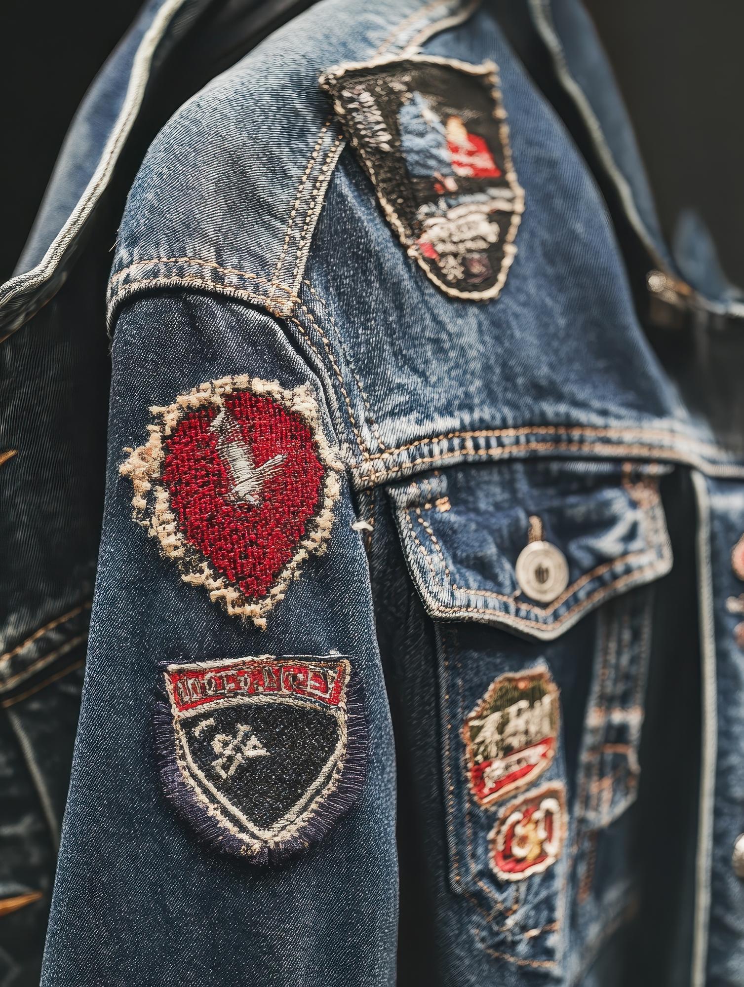 Embroidered crest on denim jacket