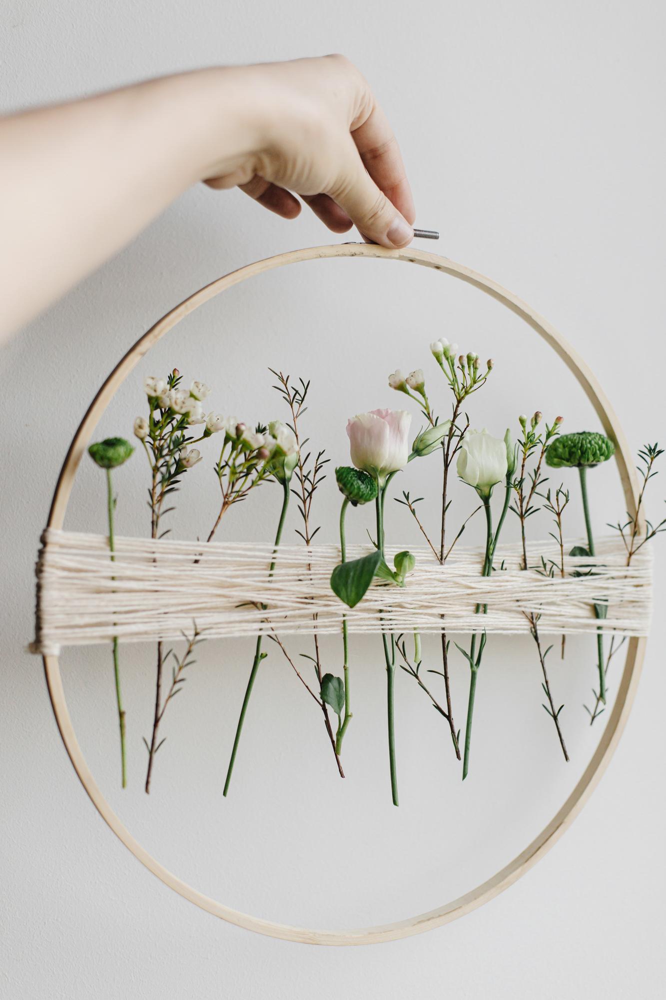 Hand-stitched floral hoop art